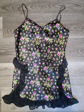 Betsy Johnson Intimates Floral Satin Slip Dress with Ruffle Trim Size
